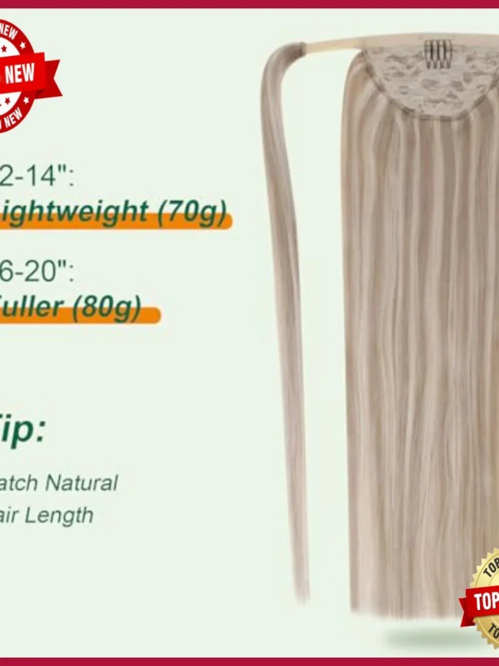16 Inch Human Hair Ponytail Extension 80G Wrap Around Clip In Volume